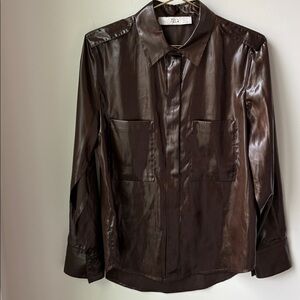 Tela Camicia Orologio Faux Leather Shirt in Brown Button Front Slit Arms Size S